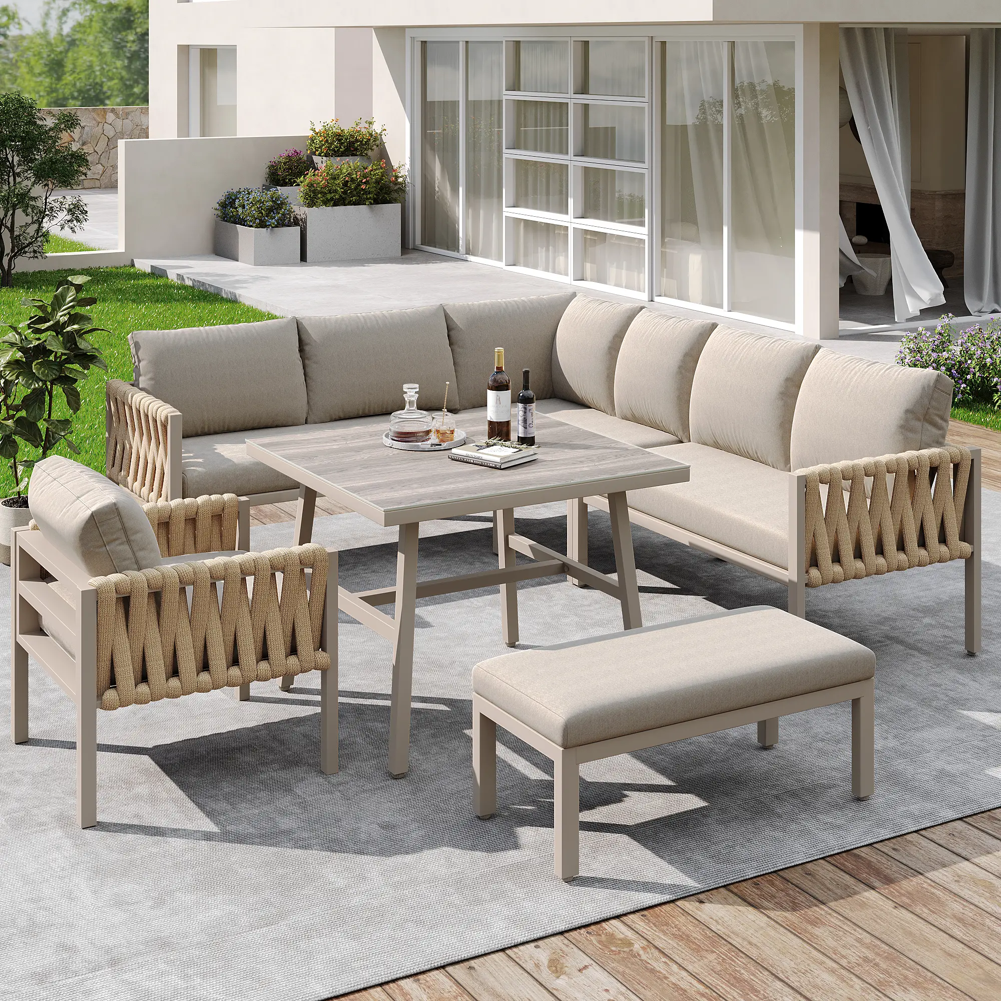 Ensemble de meubles de jardin avec plateau de table en verre trempé, y compris coussins d’assise et coussins, beige