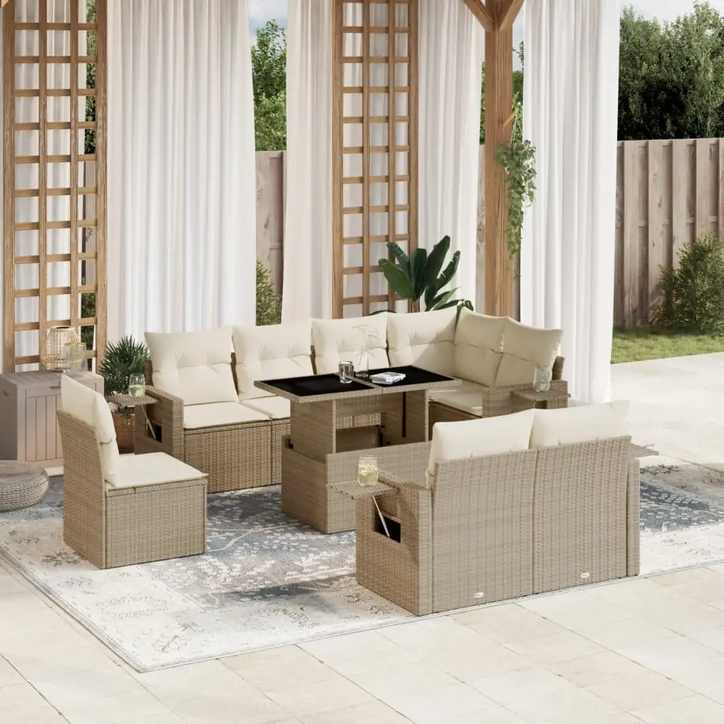 Ensemble de jardin 9 pièces résine tressée et table convertible Beige – ComfortXL Outdoor Living