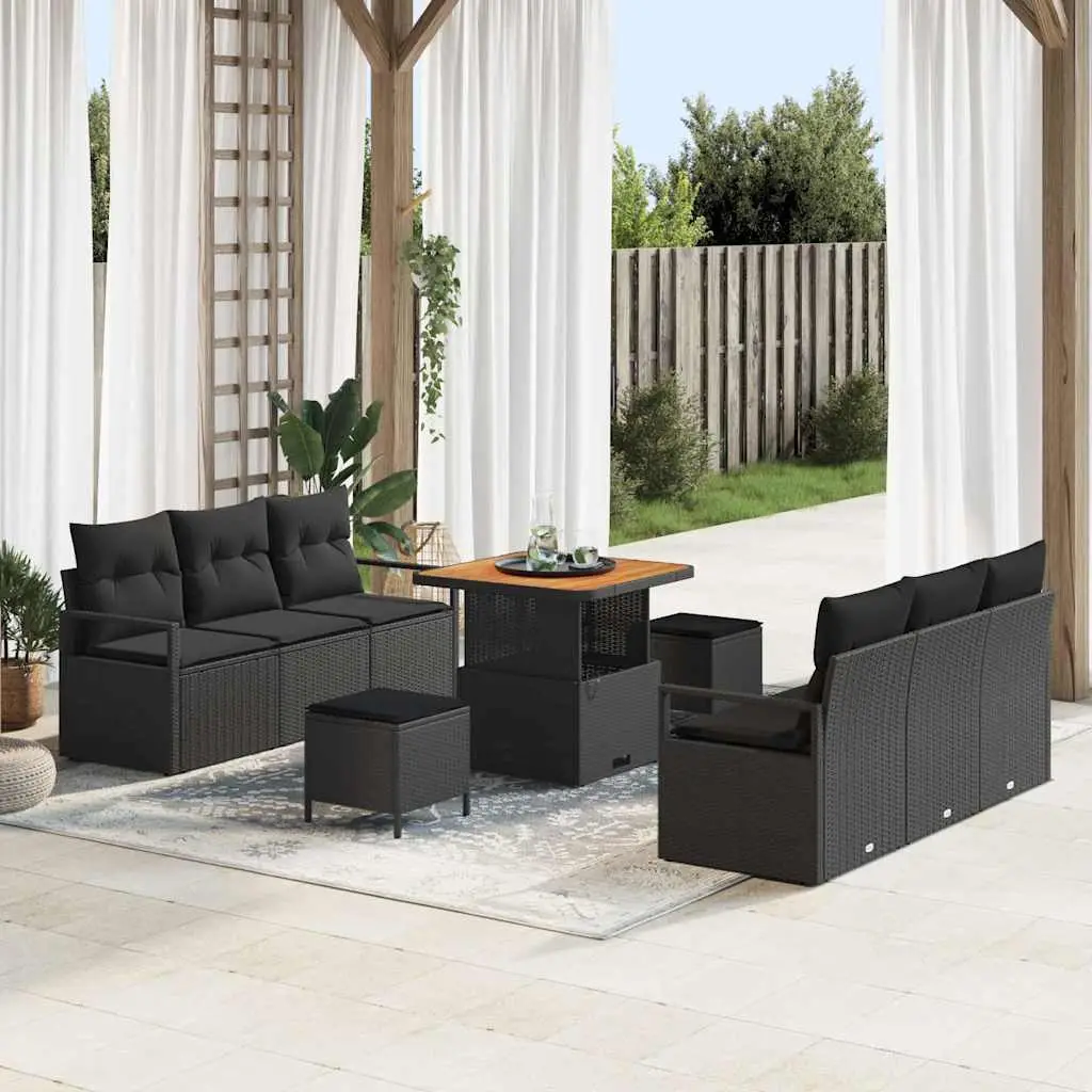Ensemble de canapé de jardin avec coussin 9 pcs Noir polyrotin vidaXL 3362474