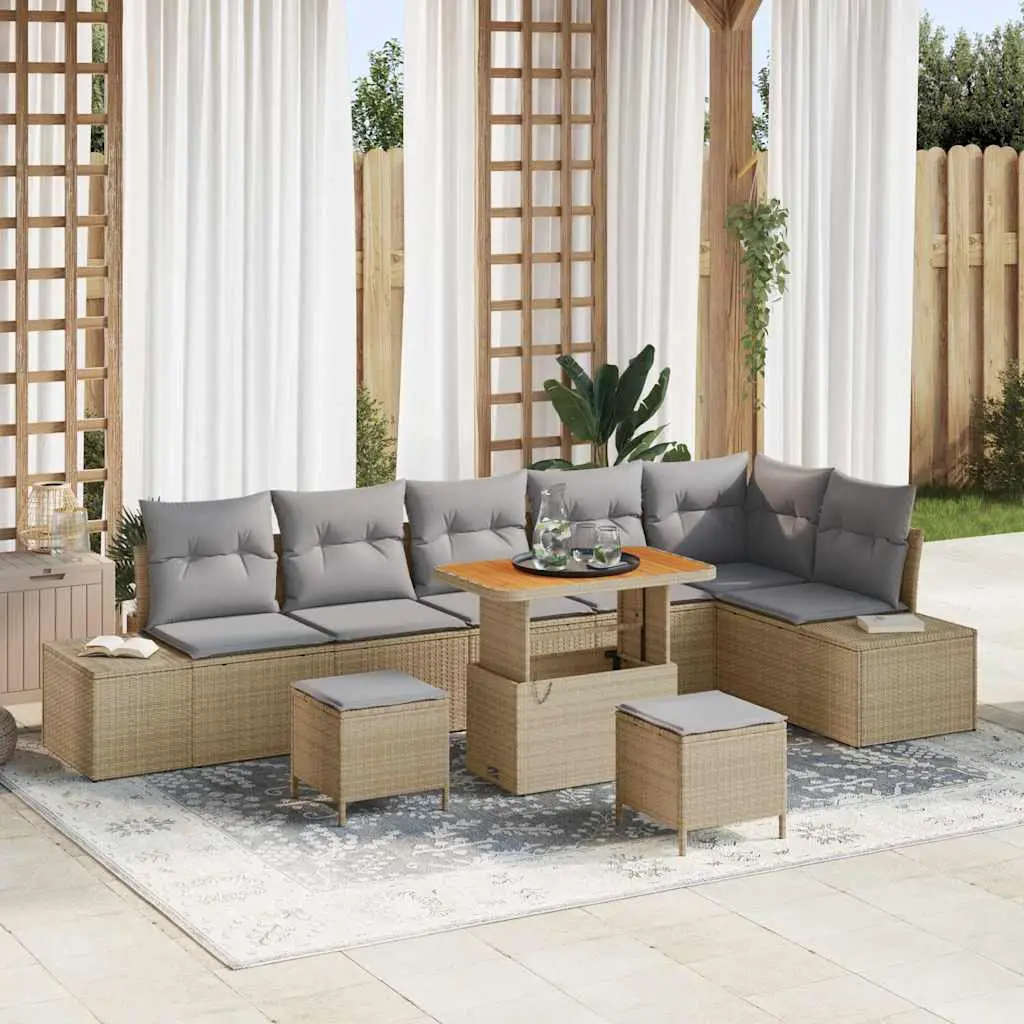 Ensemble canapés de jardin 8 places polyrotin et bois avec poufs longs pour extérieur beige – ComfortXL Outdoor Living