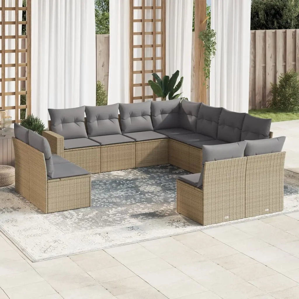Ensemble canapés de jardin 11 places résine tressée modulable pour terrasse et balcon Beige coussins gris clair – ComfortXL Outdoor Living