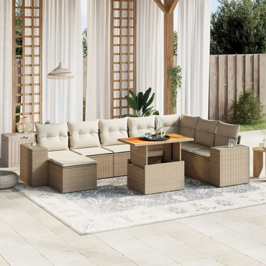 Ensemble de jardin 9 places Beige avec repose-pied poly rotin et table convertible – ComfortXL Outdoor Living