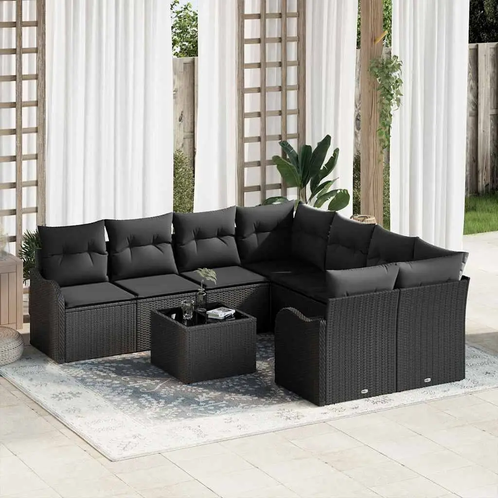 Ensemble de canapé de jardin avec coussin 9 pcs Noir vidaXL 3354312