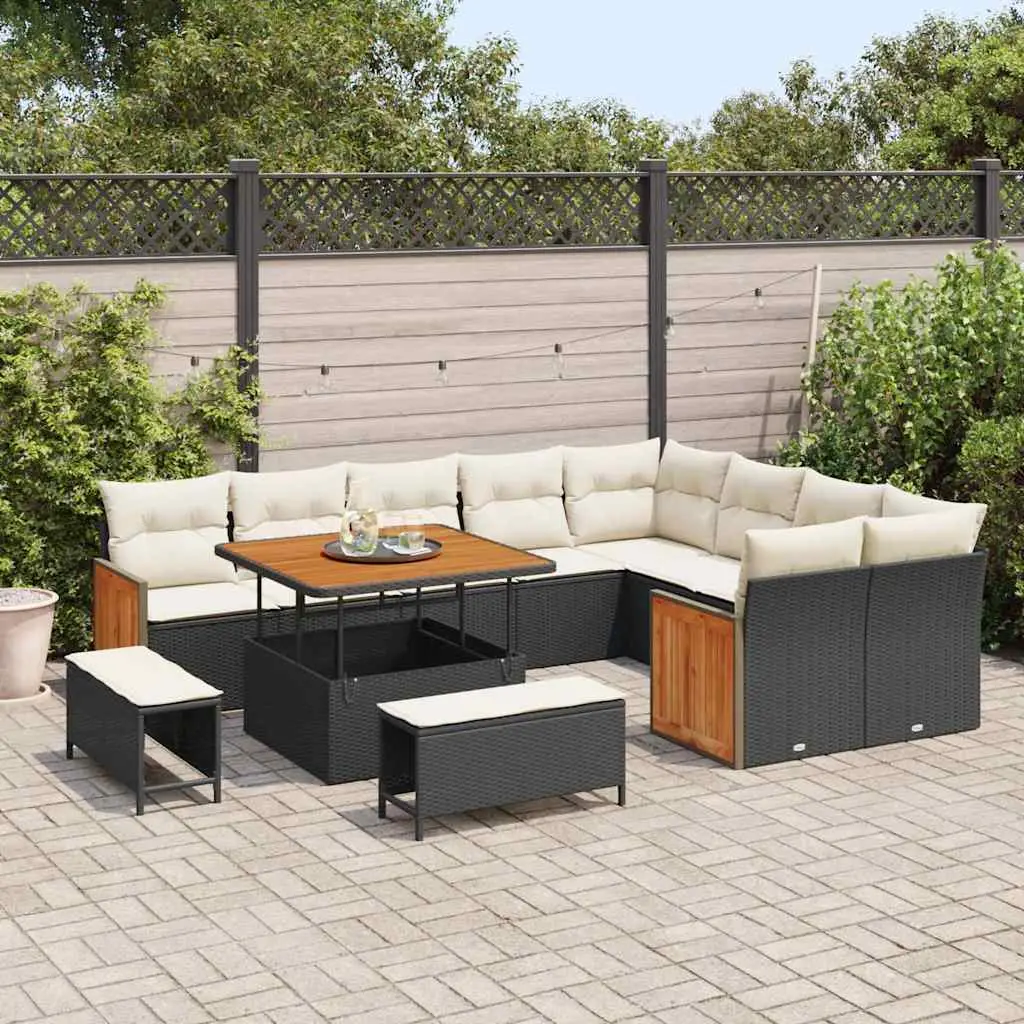 Ensemble Canapé XXL 12 Pcs Noir et Crème Résine Tressée Table Relevable pour Terrasse Spacieuse – ComfortXL Outdoor Living