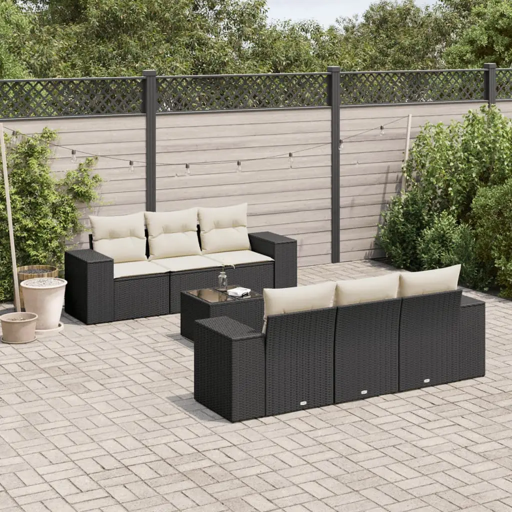 Ensemble de jardin 6 places en poly rotin avec table en verre pour terrasse Noir et Crème – ComfortXL Outdoor Living