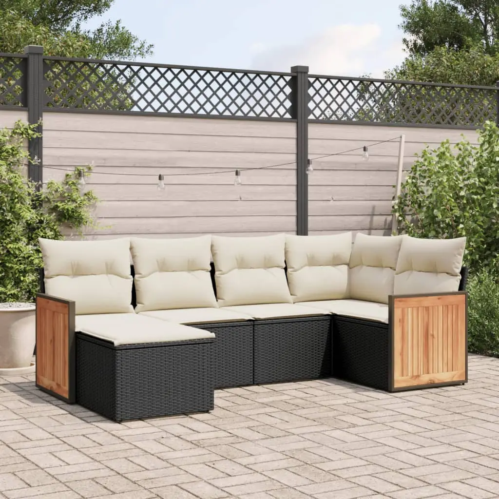 Ensemble de jardin 6 pièces résine tressée avec repose-pied modulable pour terrasse Noir Coussins Crème – ComfortXL Outdoor Living