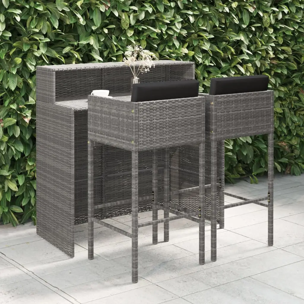 Ensemble de bar de jardin 3 pcs et coussins Résine tressée Gris vidaXL 3094808