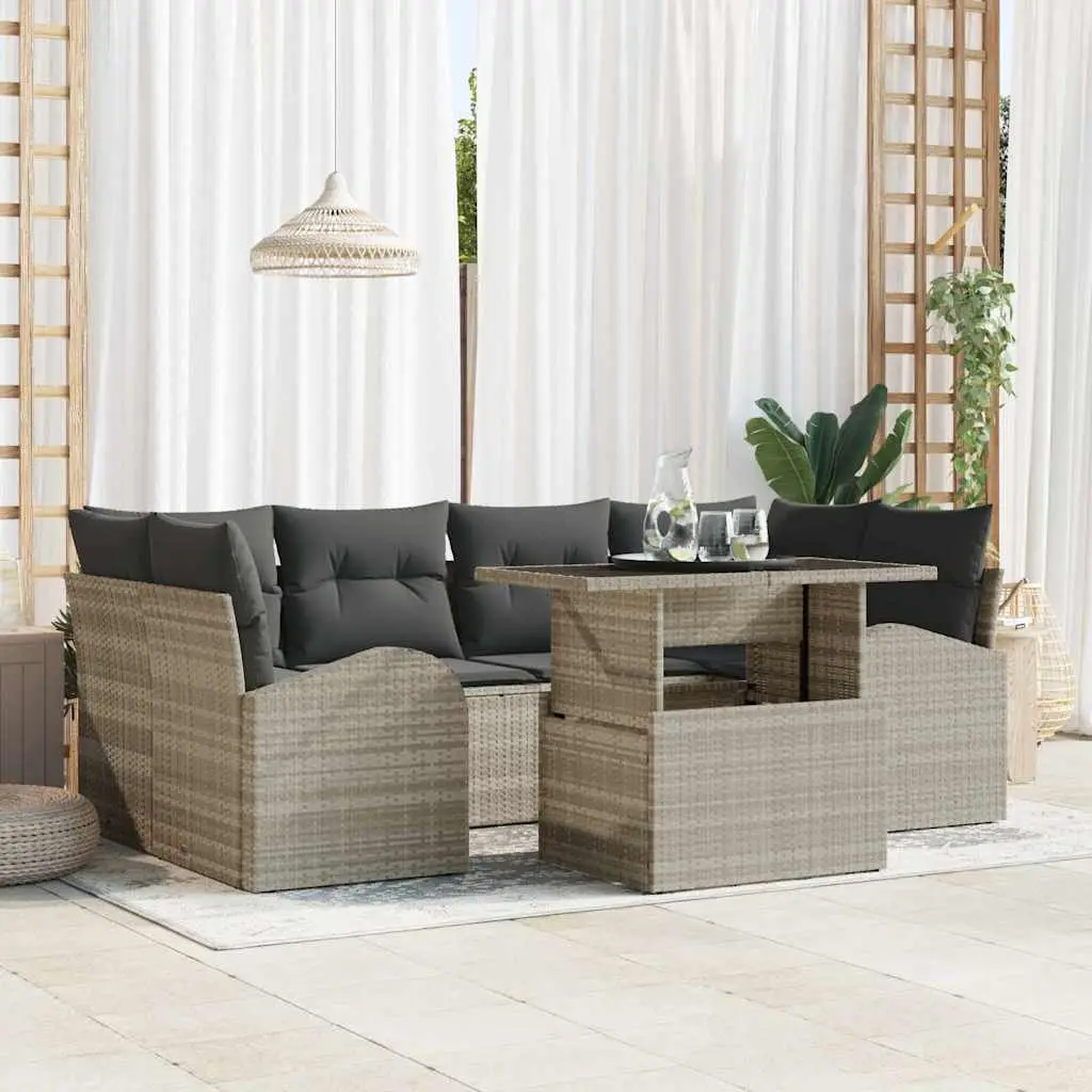 Ensemble de jardin 7 pièces 6 places en poly rotin design contemporain Gris clair – ComfortXL Outdoor Living