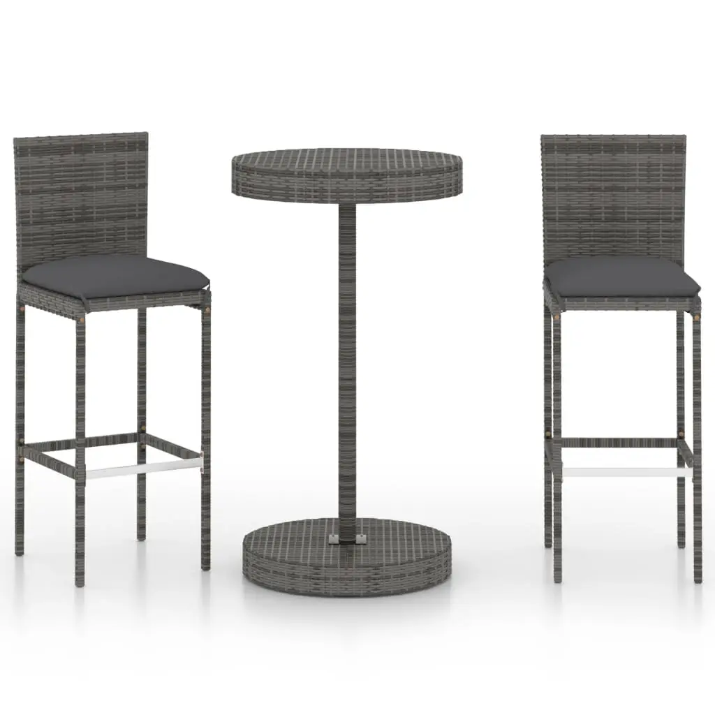 Ensemble de bar de jardin 3 pièces et coussins résine tressée gris