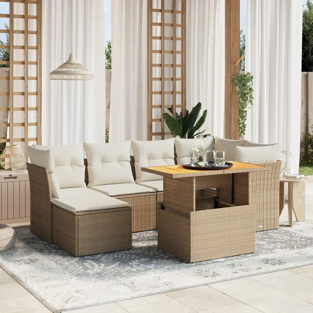 Ensemble de Jardin 7p Résine Tressée Beige Table Bois d’Acacia Convertible – ComfortXL Outdoor Living