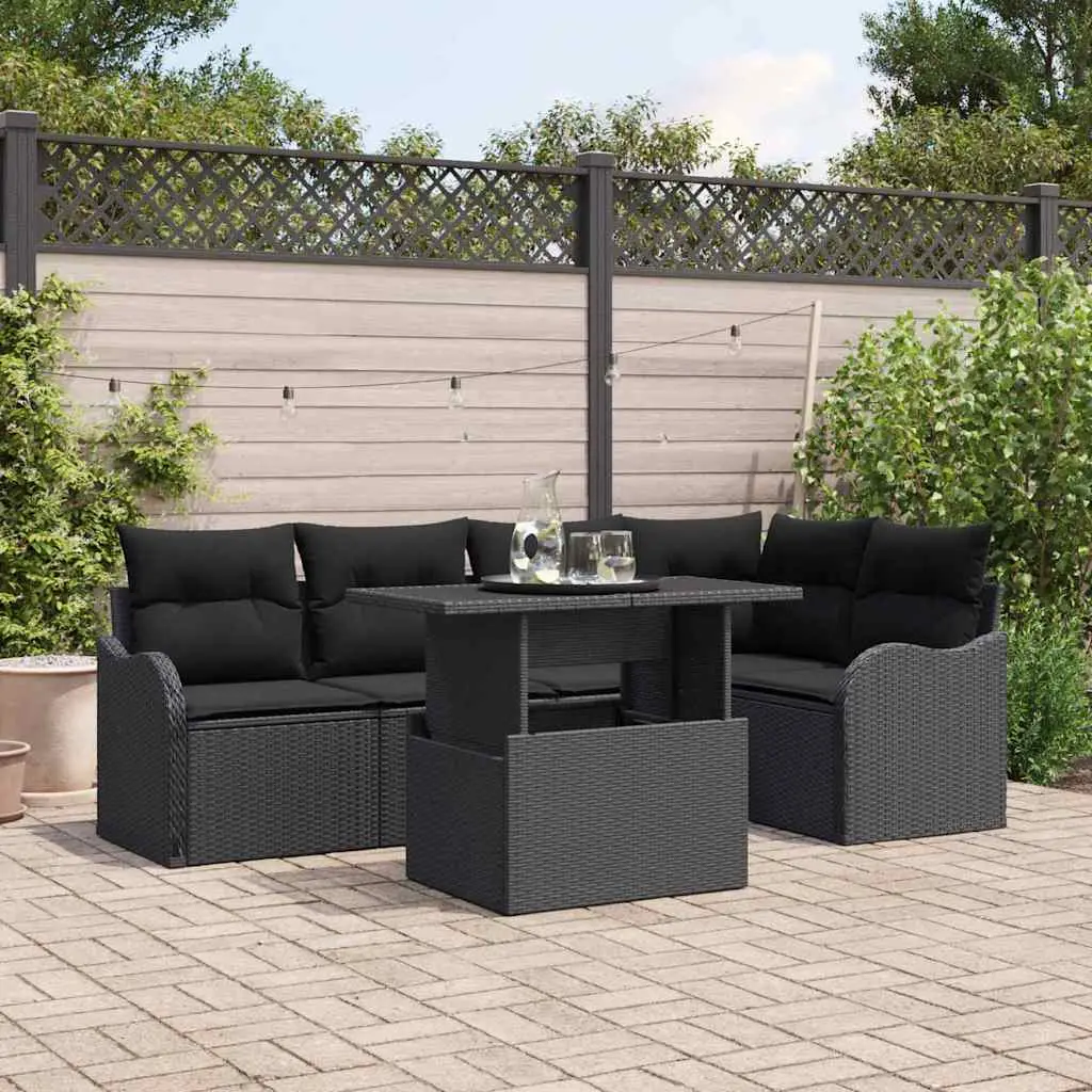 Ensemble Canapé Extérieur 6 Pièces Noir Polyrotin – Mobilier Modulaire Robuste avec Table Verre – ComfortXL Outdoor Living
