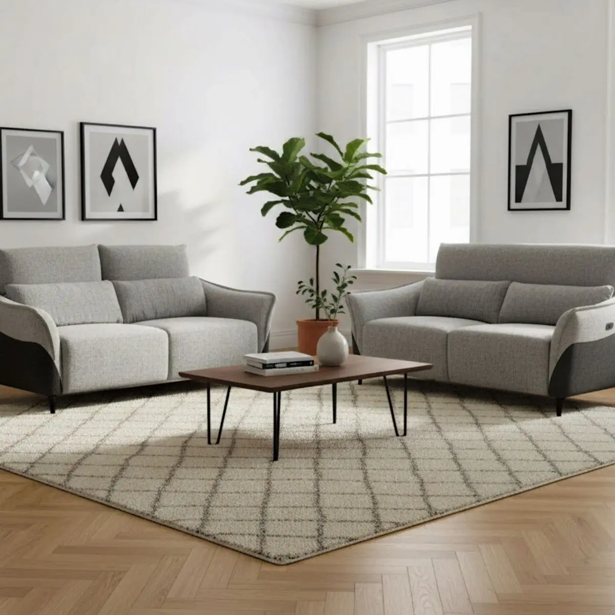 Ensemble canapé relax électrique 3pl + canapé fixe tissu chenillé gris – AKENIA