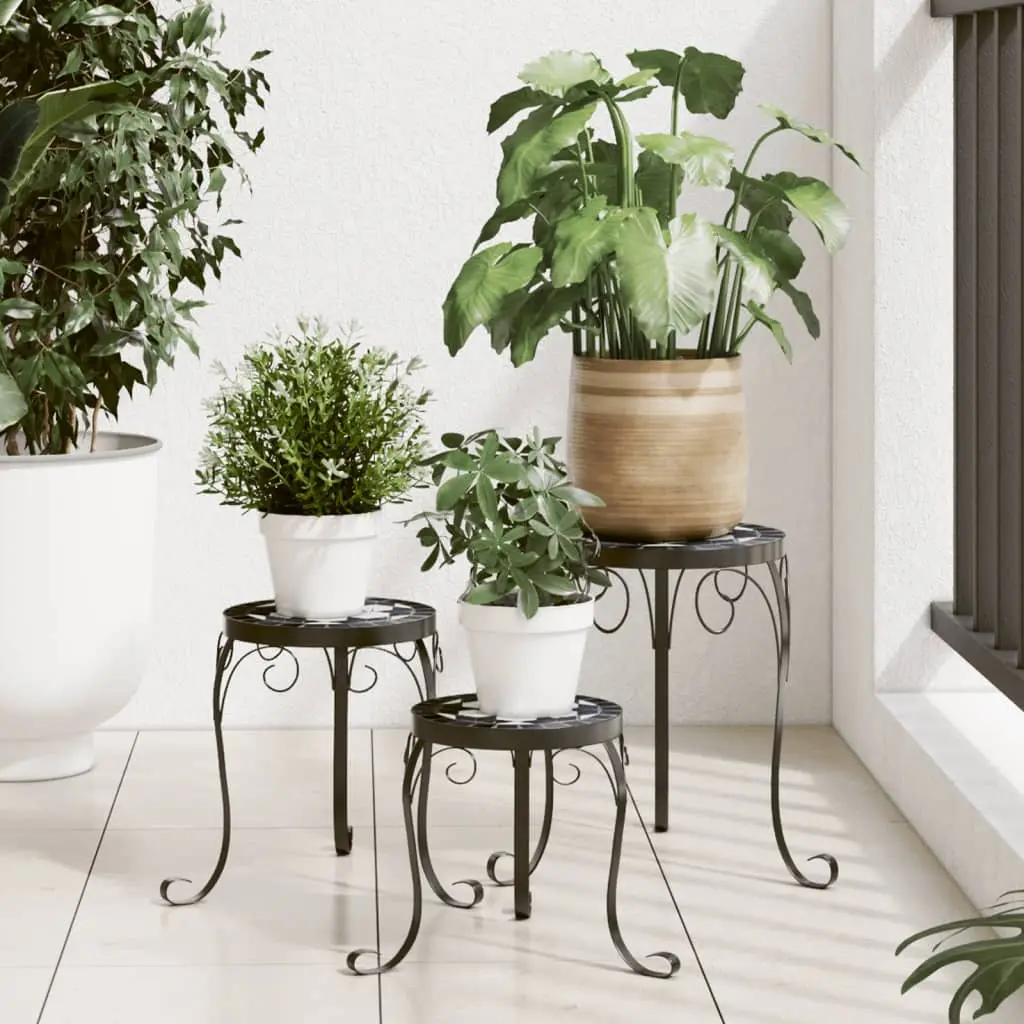 Ensemble de 3 Tables à Plantes Mosaïque en Céramique Style Oriental pour Jardin Terrasse Noir et Blanc – ComfortXL Outdoor Living