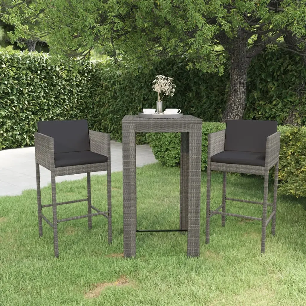 Ensemble de bar de jardin 3 pcs et coussins Résine tressée Gris vidaXL 3094779