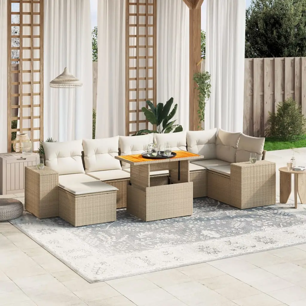 Ensemble de jardin 8 places Beige avec repose-pied résine tressée et table convertible – ComfortXL Outdoor Living