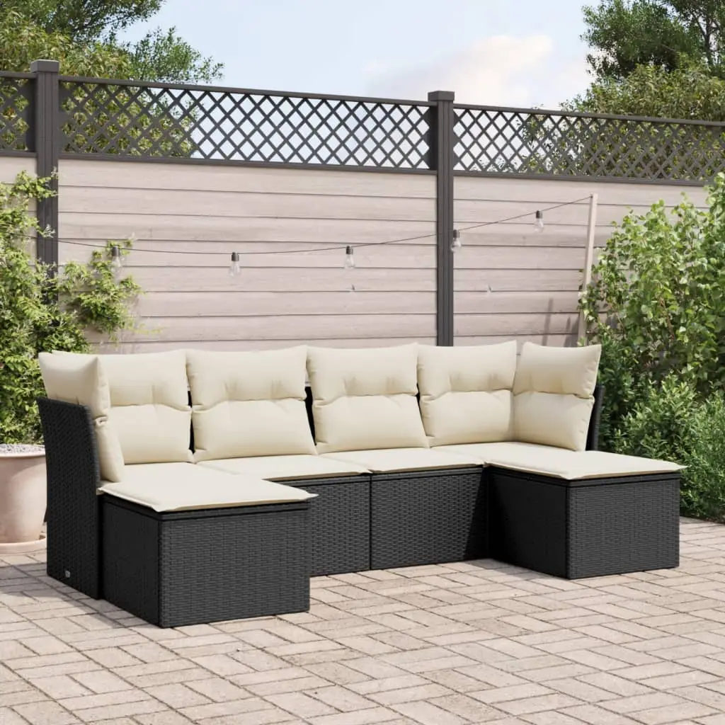 Ensemble canapé modulable 6 personnes polyrotin avec tabourets pour agencement flexible Noir et Crème – ComfortXL Outdoor Living