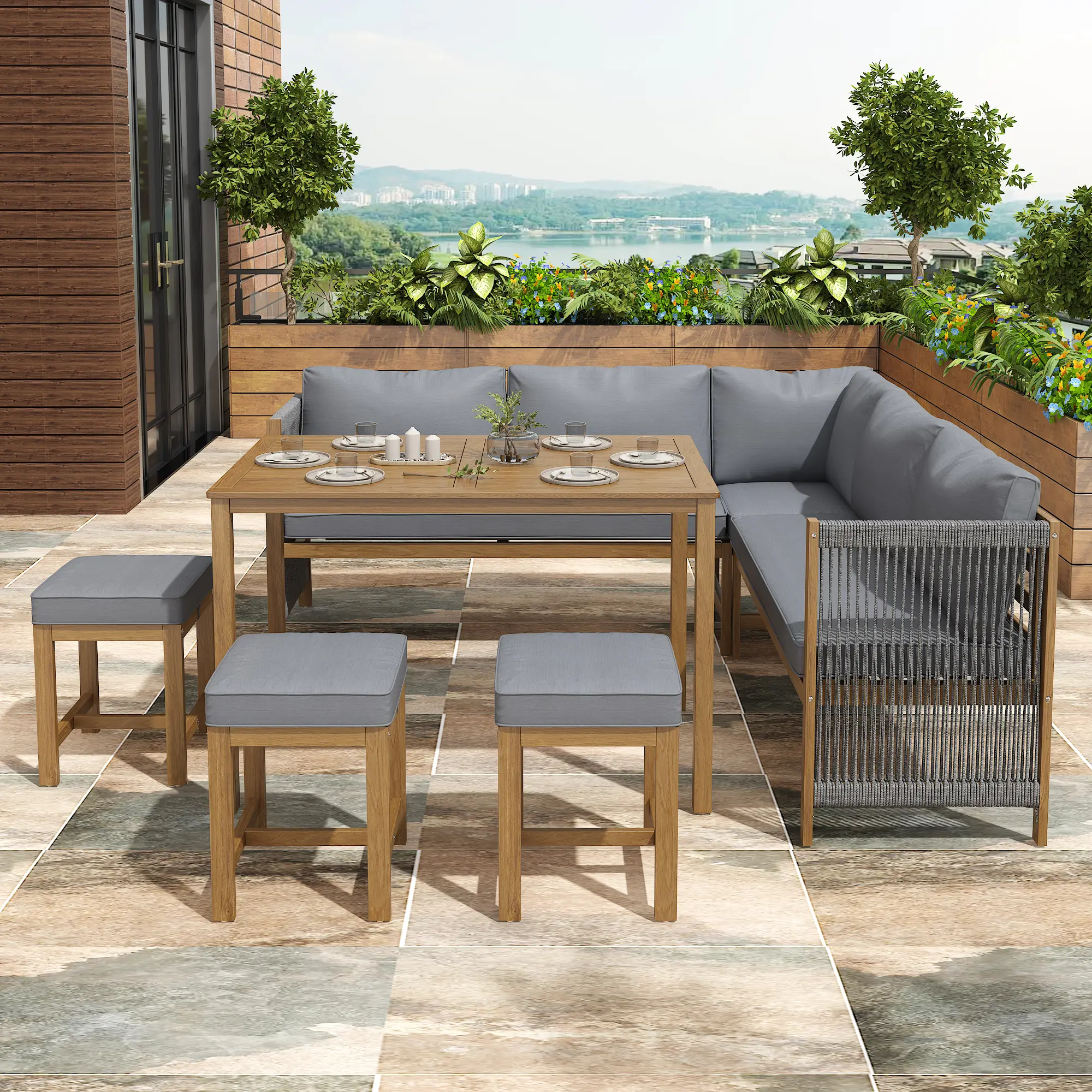 Ensemble de jardin d’extérieur, comprenant des coussins, en rotin synthétique et bois d’acacia, couleur gris et bois naturel