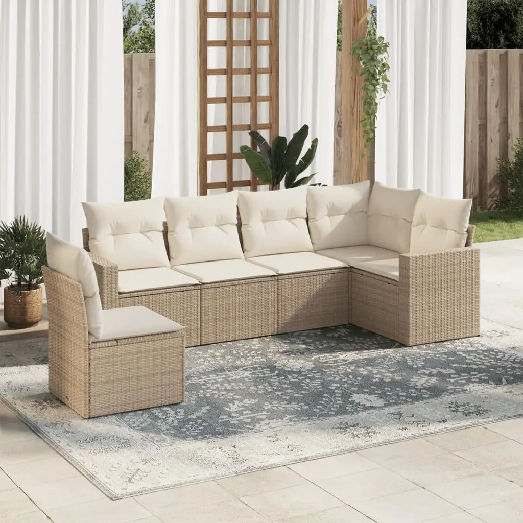 Ensemble canapé de patio 6 places modulable en résine tressée avec larges accoudoirs Beige coussins Crème – ComfortXL Outdoor Living