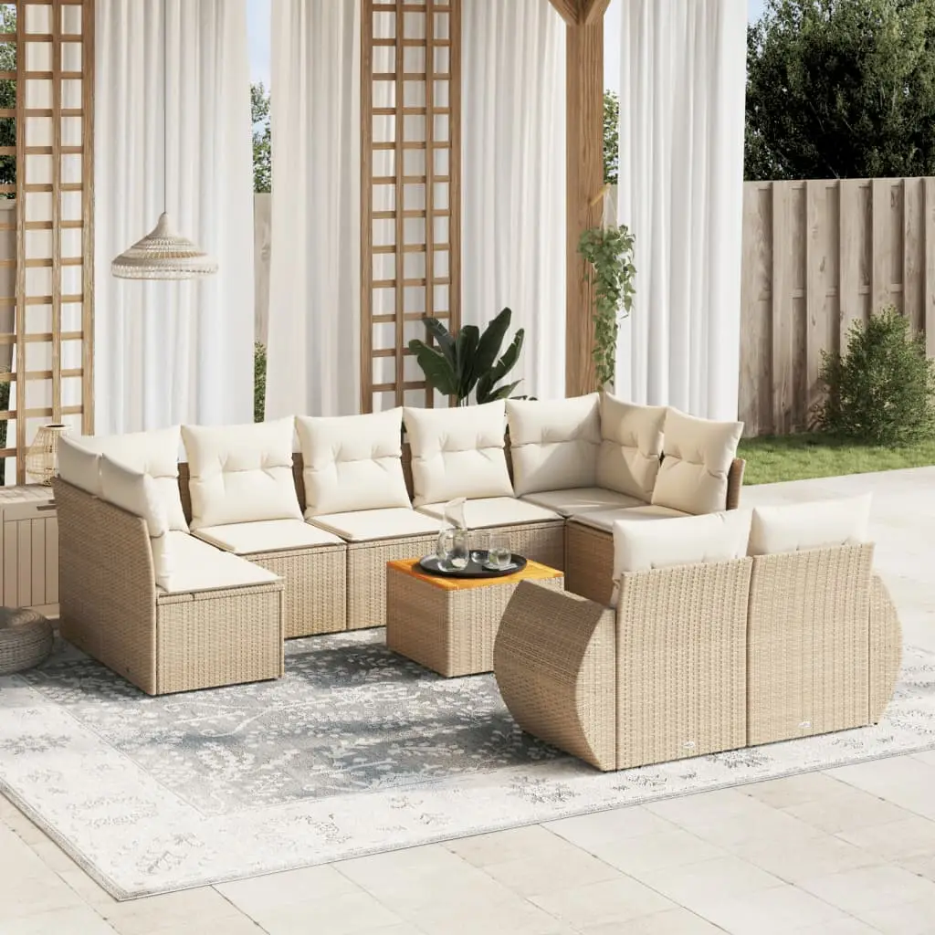 Ensemble canapés de jardin 10 pcs résine tressée modulable table bois pour terrasse et balcon Beige coussins Crème – ComfortXL Outdoor Living