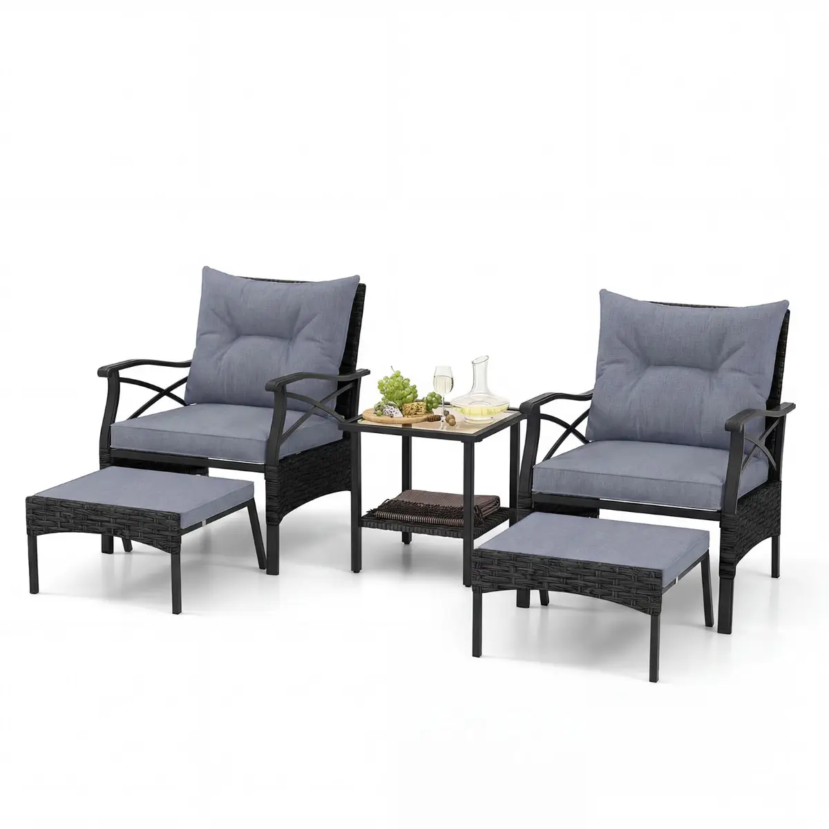 Ensemble de Meubles de Patio 5 Pièces Salon de Jardin en Rotin – 2 Chaises 2 Poufs et Table Basse Gris MAISON CHIC