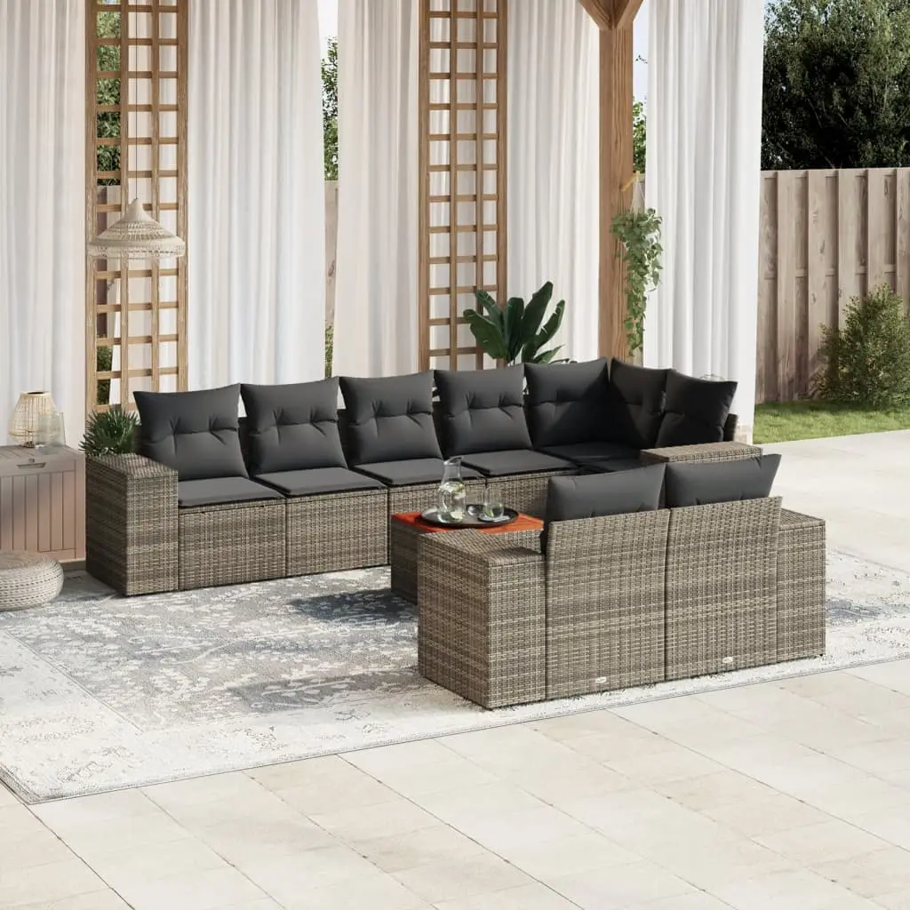 Ensemble de jardin modulable 9 pièces résine tressée et table en bois pour terrasse Gris Foncé – ComfortXL Outdoor Living