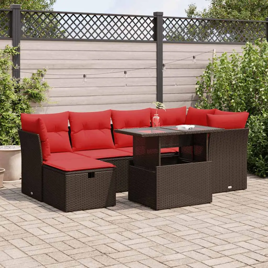 Ensemble Canapés d’Extérieur 7 pièces Poly Rotin Marron avec Rangement et Coussins Rouges – ComfortXL Outdoor Living