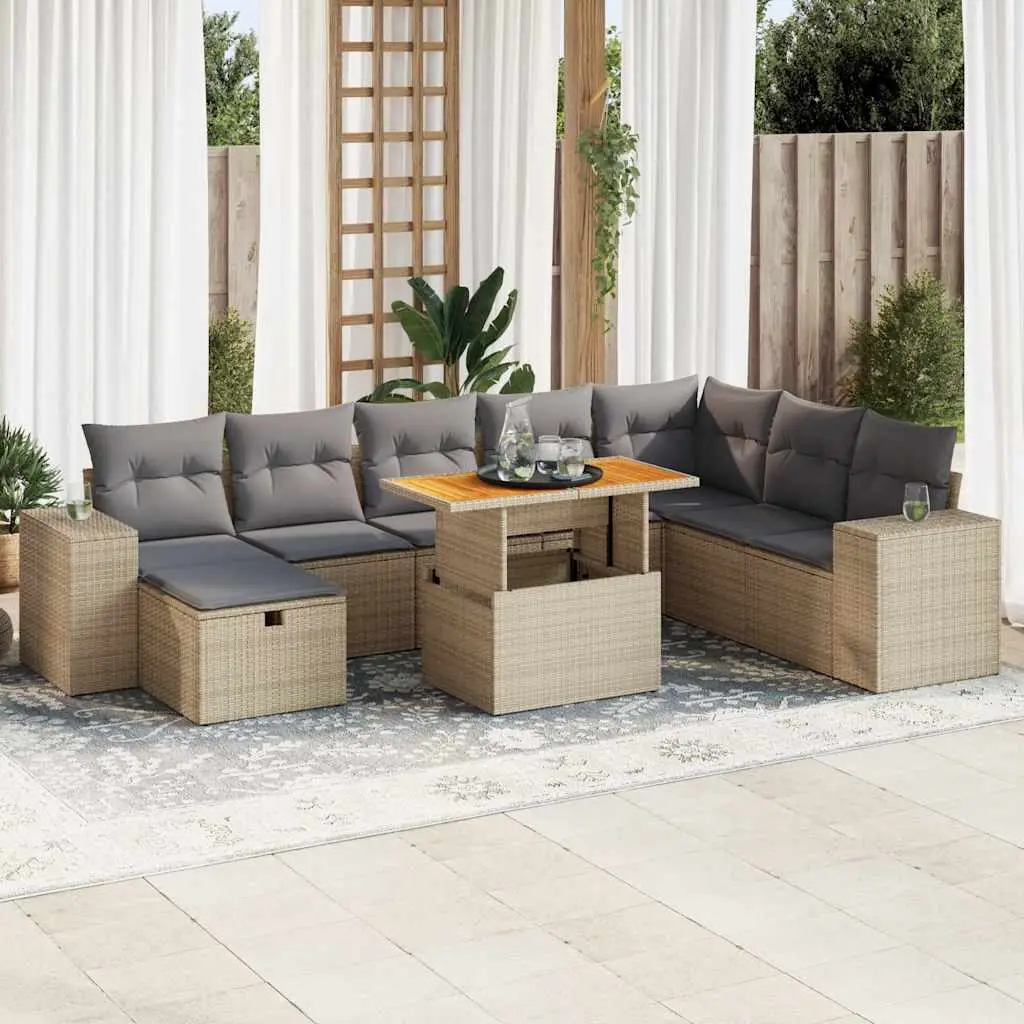Ensemble de Jardin 9 Places en Polyrotin et Bois avec Rangement et Coussins Gris pour Extérieur Beige – ComfortXL Outdoor Living