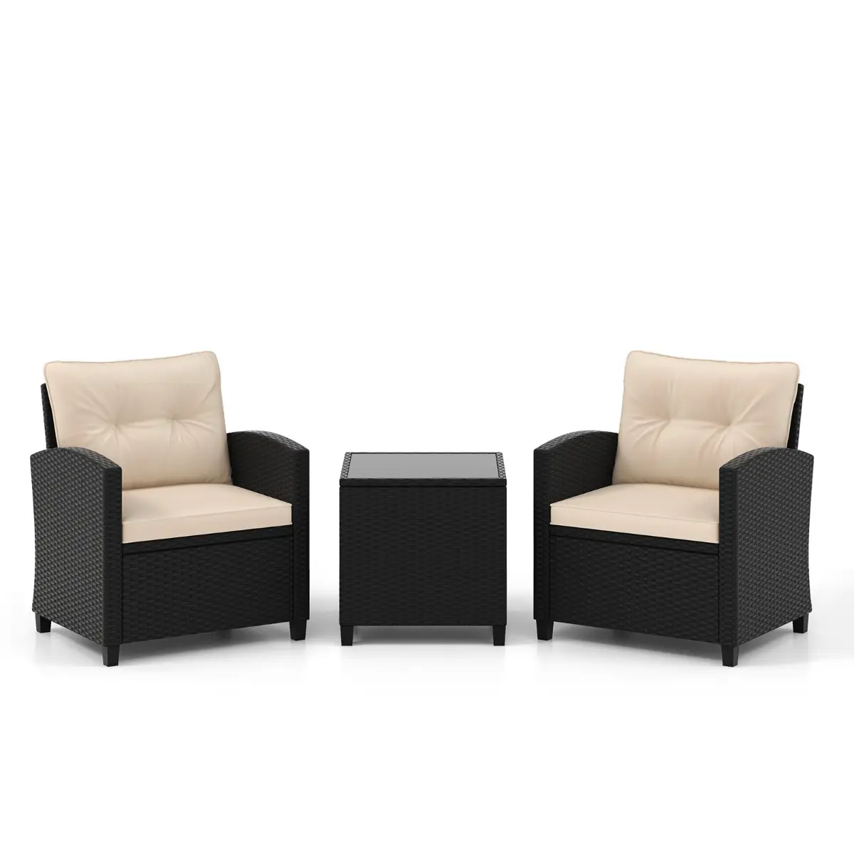 Ensemble de 3pcs Salon de Jardin Meubles de Patio 2 Fauteuils Table Basse Rotin Charge 180KG Beige