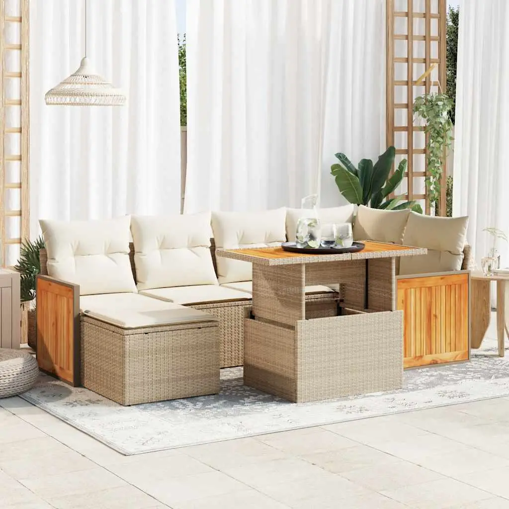Ensemble de Jardin 7 pièces Résine Tressée Beige et Acacia avec Coffres de Rangement et Table – ComfortXL Outdoor Living