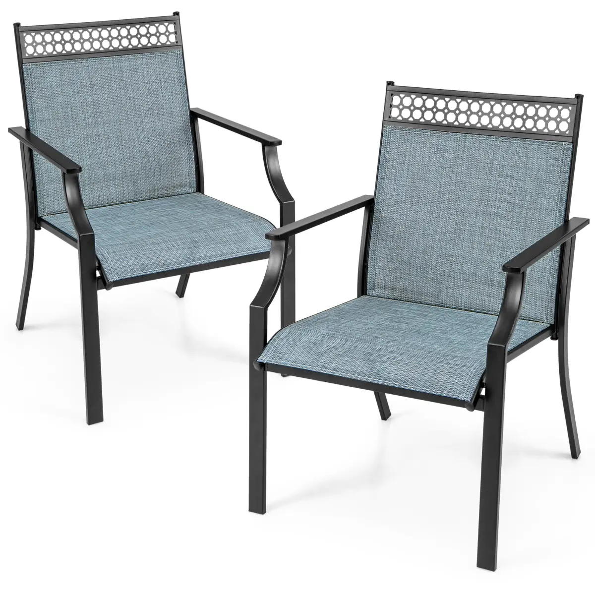 Ensemble de 2 Chaises avec Dossier Haut Accoudoirs Tissu à Séchage Rapide Cadre en Métal Robuste à Motif Ajouré pour Cour Jardin Bleu