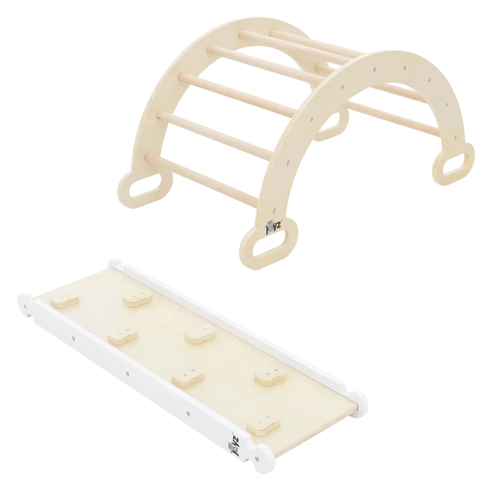 Ensemble d’escalade enfants blanc-naturel en bois avec arc à grimper et planche de glisse convient dès 2 ans développe la motricité l’équilibre