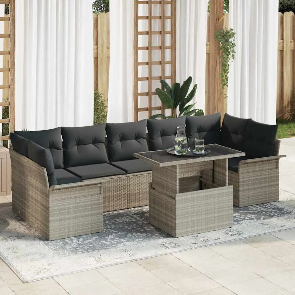 Ensemble de Jardin 8 Éléments 7 Places en Poly Rotin Tressé Gris Clair – ComfortXL Outdoor Living