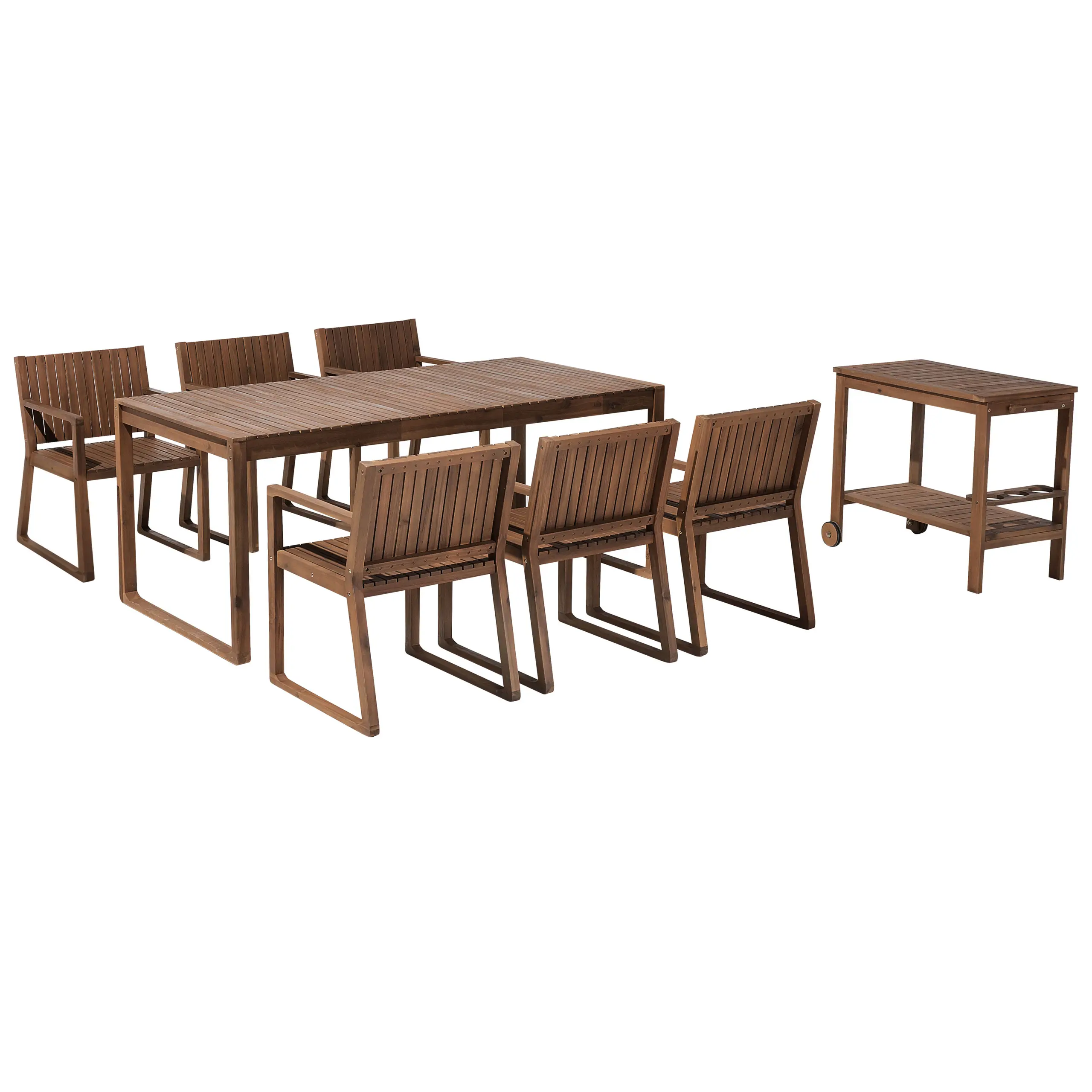 Ensemble de Jardin en Bois d’Acacia Foncé 180 x 90 cm Table et 6 Chaises avec Chariot à Roulettes Mobilier Extérieur Rustique