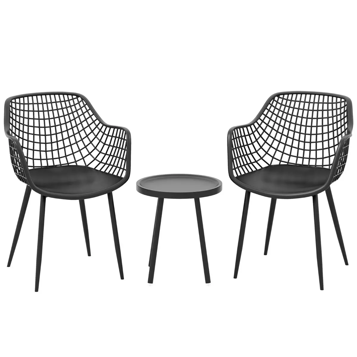 Ensemble de Meubles 3 Pièces de Patio Charge 130KG Salon de Jardin 2 Fauteuils Table Basse Ronde Support en Métal Noir