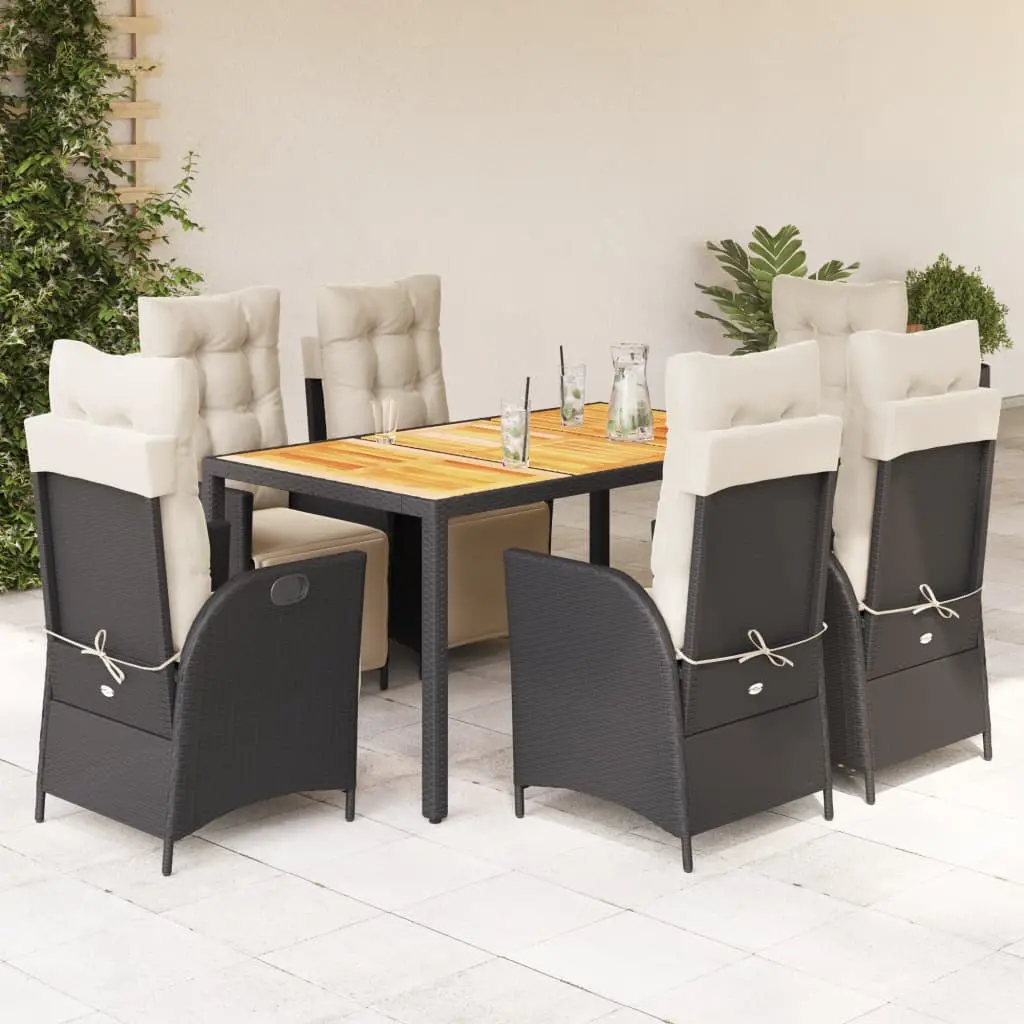 Ensemble de Jardin 6 Places Noir avec Coussins Crème, Table en Bois et Chaises Inclinables 150x90cm – ComfortXL Outdoor Living