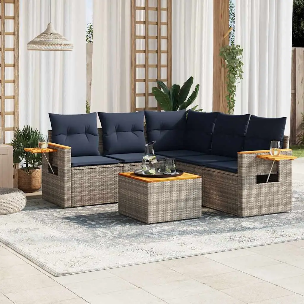 Ensemble de Jardin 6 Pièces Résine Tressée Acacia Modulable Coussins Bleu Marine Gris – ComfortXL Outdoor Living