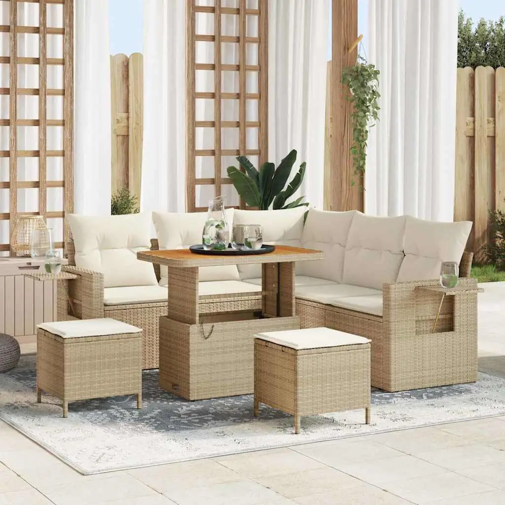 Ensemble de jardin 7 convives en polyrotin et acacia 8 pièces modulable pour extérieur Beige – ComfortXL Outdoor Living