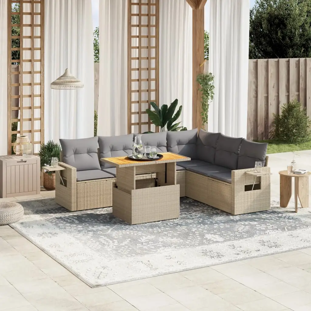 Ensemble de Jardin 7 pcs Résine Tressée Beige avec Coussins Gris Confortables – ComfortXL Outdoor Living