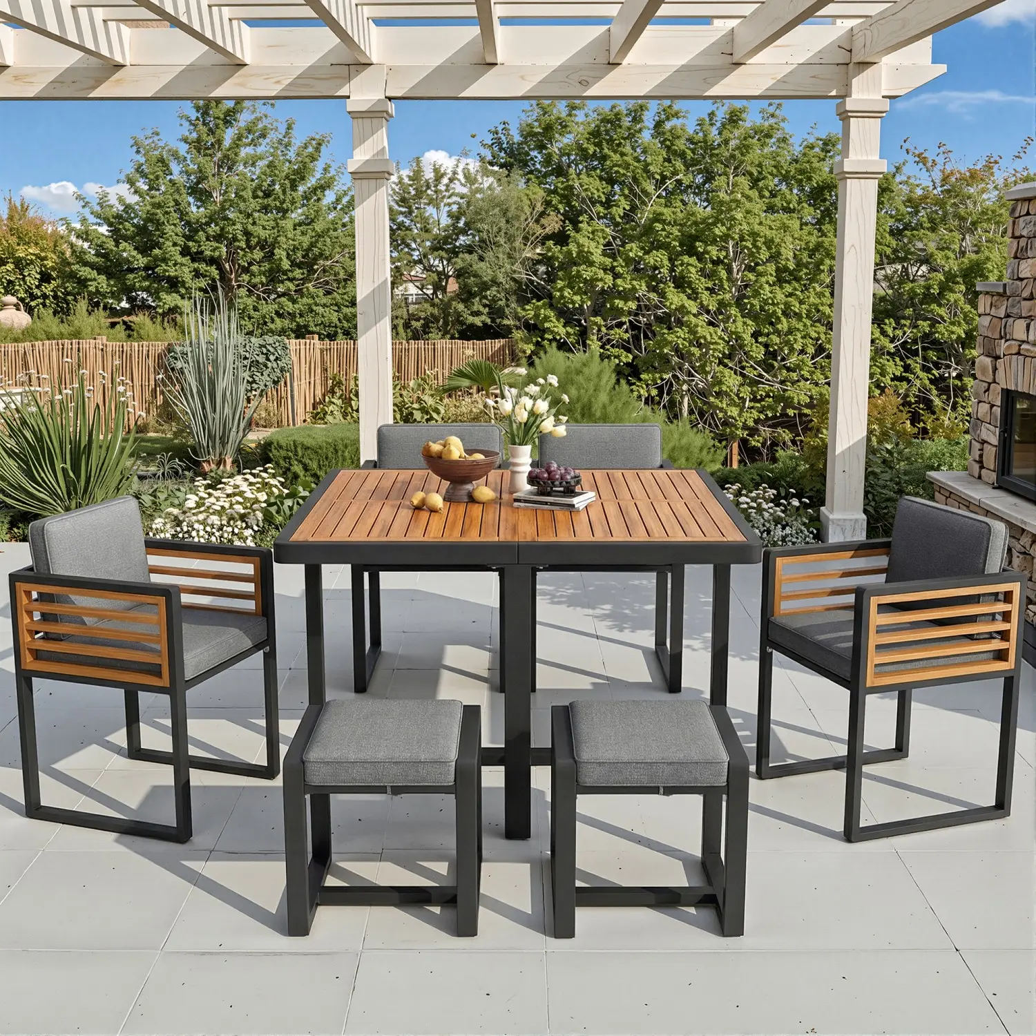 Ensemble de mobilier de jardin, comprenant six chaises et une table pouvant accueillir six personnes, avec plateau en bois massif, gris