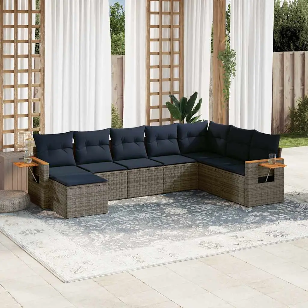 Ensemble de jardin 8 pièces en poly rotin modulable avec tablettes d’appoint pour terrasse Gris et Bleu Marine – ComfortXL Outdoor Living