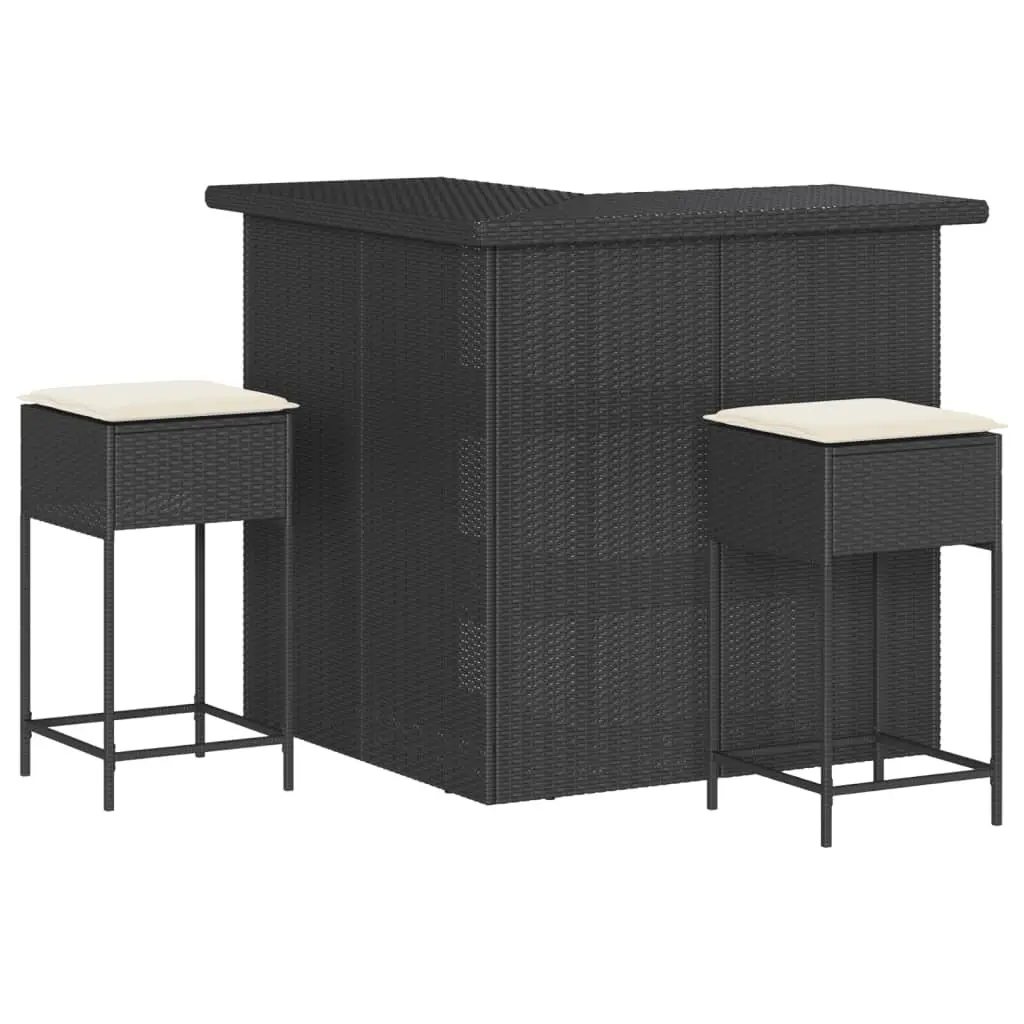 Ensemble de 3 pcs bar de jardin – Mobilier d’extérieur – Mobilier de jardin avec coussins noir poly rotin-JU2125