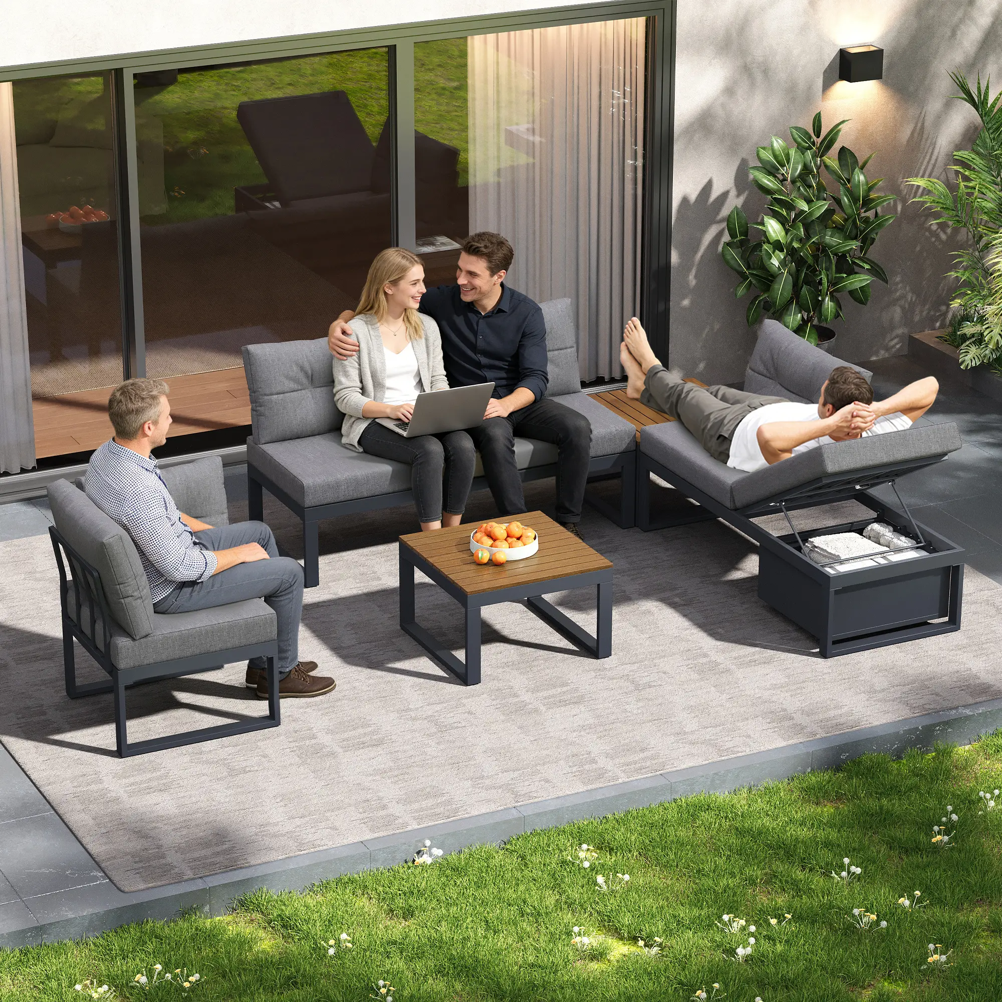 Ensemble de meubles de jardin avec dossier réglable en 3 positions et fonction inclinable, espace de rangement et tissu polyester – gris foncé