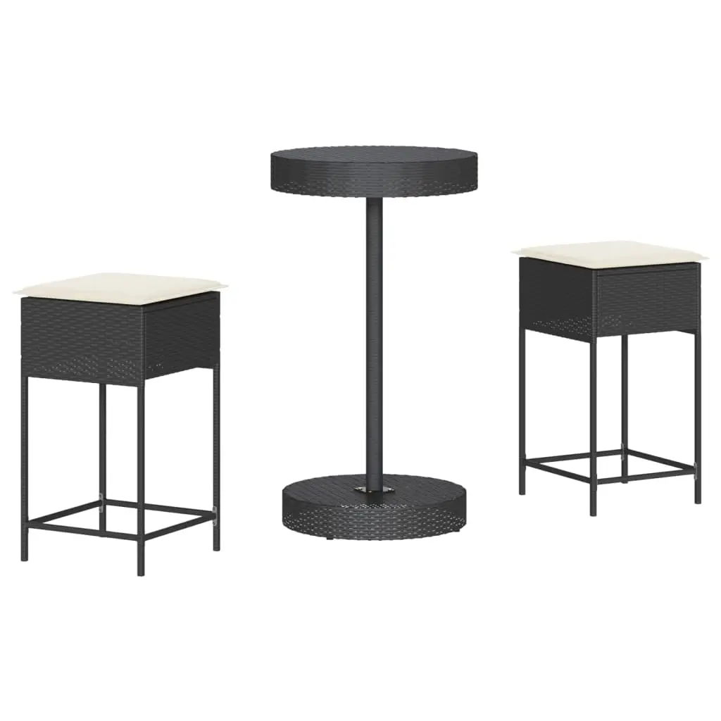Ensemble de 3 pcs bar de jardin – Mobilier d’extérieur – Mobilier de jardin avec coussins noir poly rotin-JU2204