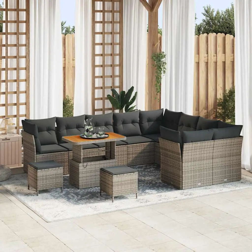 Ensemble de Jardin XXL 11 Personnes Modulable, Canapés d’Extérieur Polyrotin Gris et Acacia – ComfortXL Outdoor Living