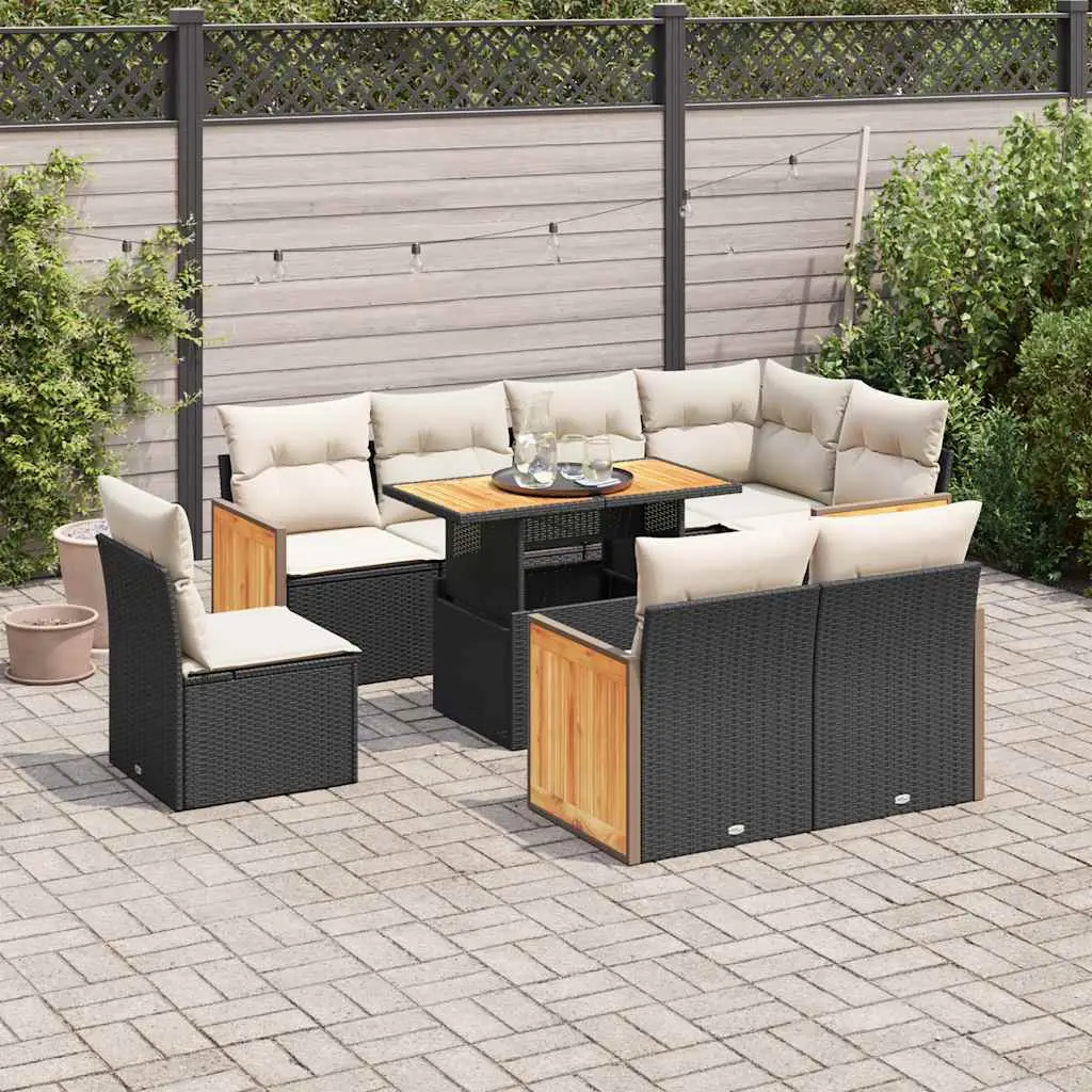 Ensemble Canapés d’Extérieur 9 pcs Poly Rotin Noir et Acacia avec Rangement Coussins Blancs – ComfortXL Outdoor Living