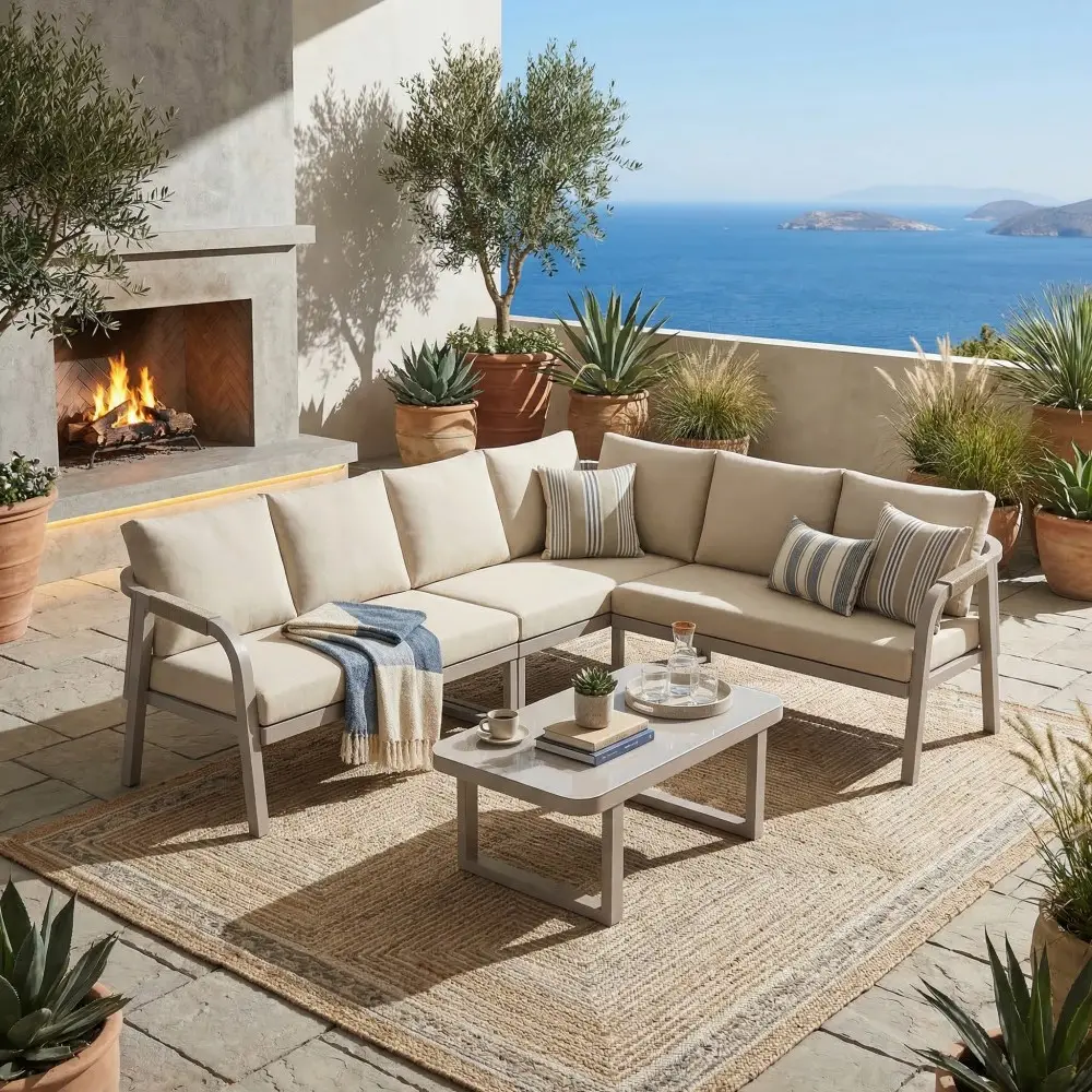 Ensemble de mobilier de jardin, accoudoirs et dossier tressés, en tubes d’acier galvanisé,beige