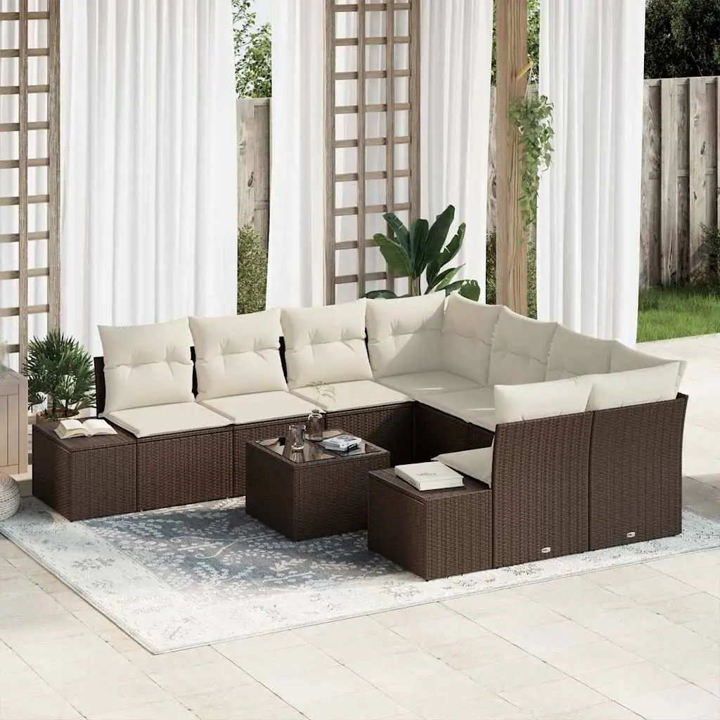 Ensemble Canapé Extérieur 9 Éléments Polyrotin Table Ajustable Repas Rangement Coussins Marron Crème – ComfortXL Outdoor Living