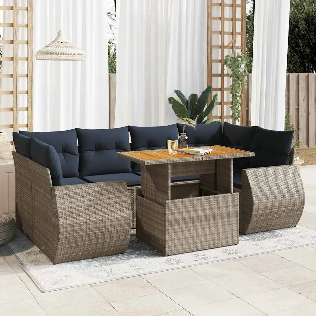 Ensemble de Jardin 6 Places Gris et Coussins Bleu Marine, Table Relevable et Rangement Intégré – ComfortXL Outdoor Living