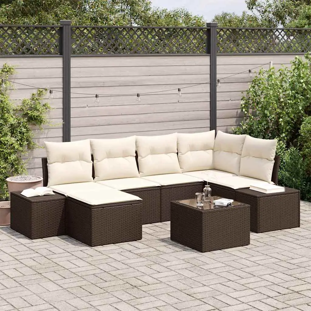 Ensemble de jardin 7 pièces modulable polyrotin avec pouf et table Marron et Crème – ComfortXL Outdoor Living