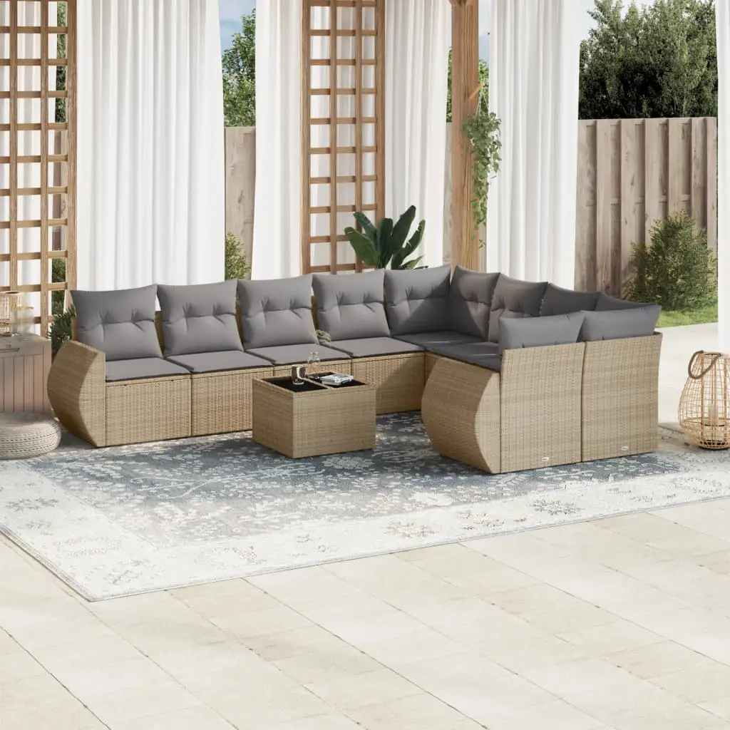 Ensemble de jardin 9 places résine tressée avec rangement intégré et table en verre Beige – ComfortXL Outdoor Living
